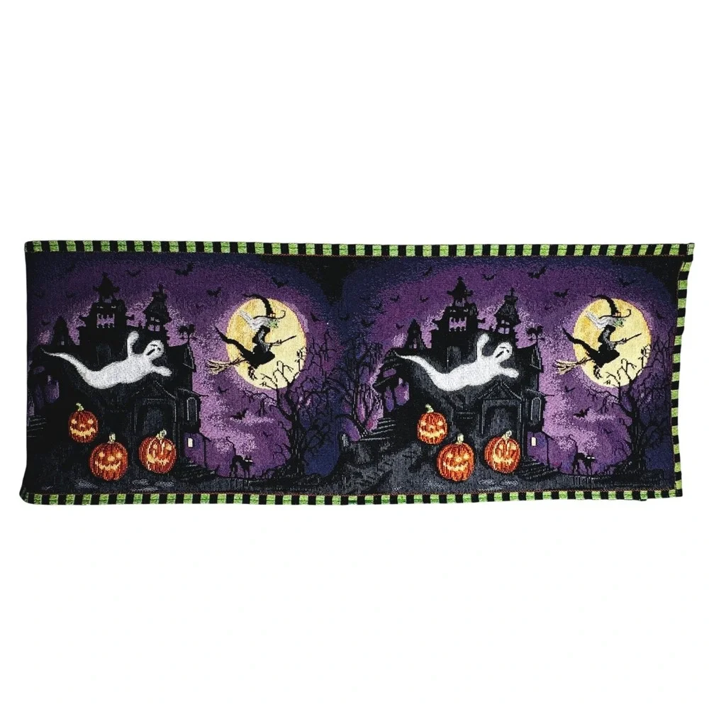 Halloween Haunted House Ghost Witch Moon Woven Tapestry Table Runner 72x13